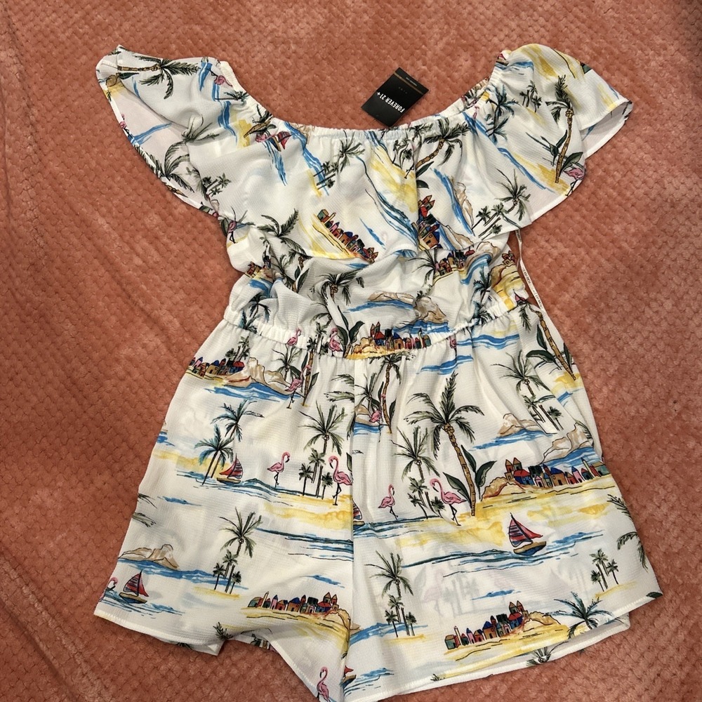 Forever 21 Tropical‎  Romper Women's 0X Plus Flamingo Off The Shoulder